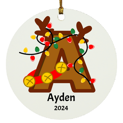 Christmas| Personalized Ceramic Christmas Ornament – Initial & Name with Lights & Reindeer Antlers