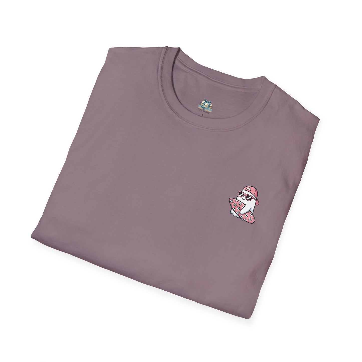 Folded purple t-shirt with a small logo on a white background