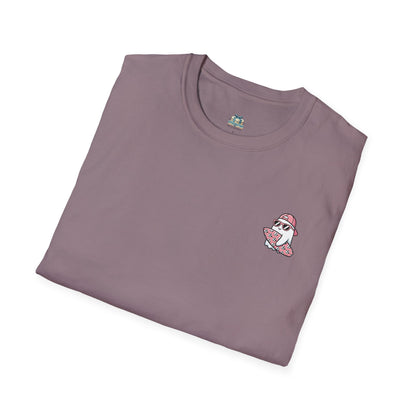 Folded purple t-shirt with a small logo on a white background