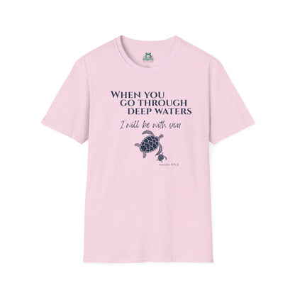 Pink t-shirt with turtle graphic and text on a white background