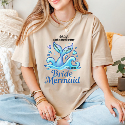 Person wearing a 'Bride Mermaid' t-shirt with personalized details.
