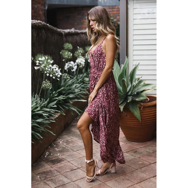 Floral Spaghetti Strap Maxi Dress – Wine Red Summer Dress