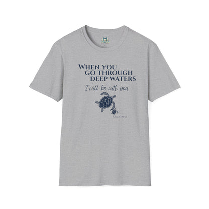 Gray t-shirt with turtle design and text on a white background