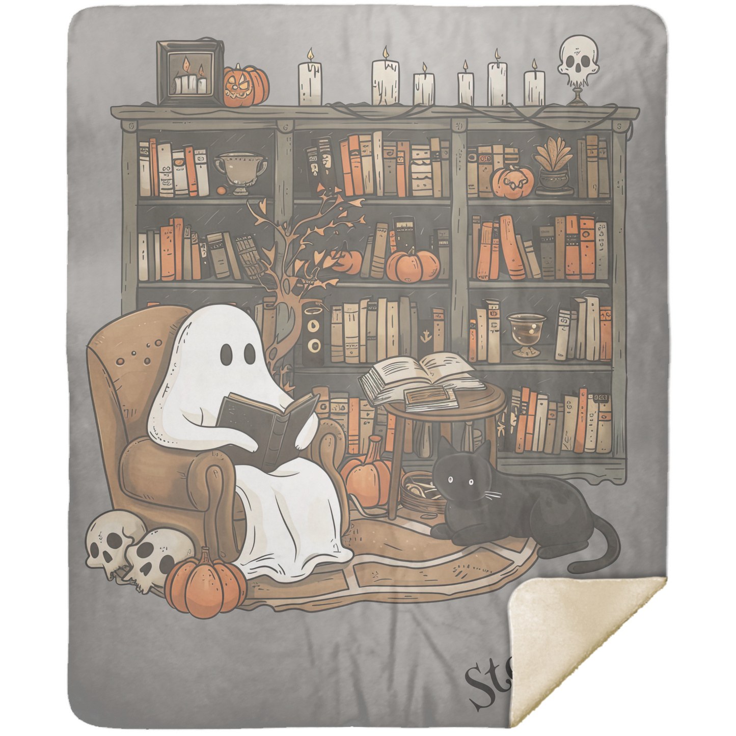 Ghost reading a book with a black cat on a cozy reading nook blanket