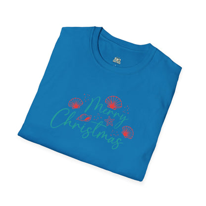 Folded blue t-shirt with 'Merry Christmas' text and festive graphics on a white background