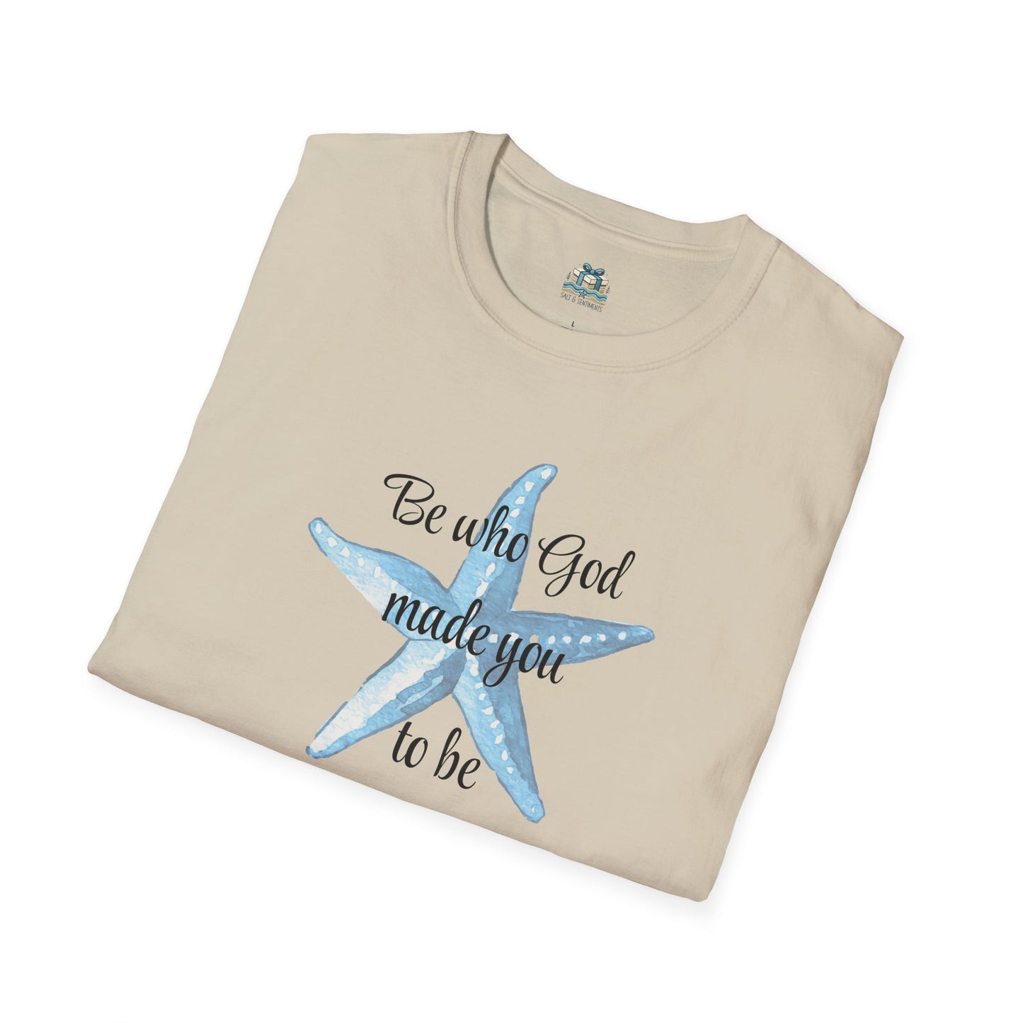 Beige t-shirt with a blue starfish and text on a white background