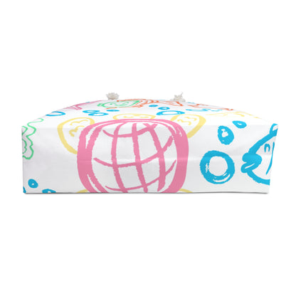 Bottom side of Oversized beach bag with colorful hand-drawn fish and bubbles on white