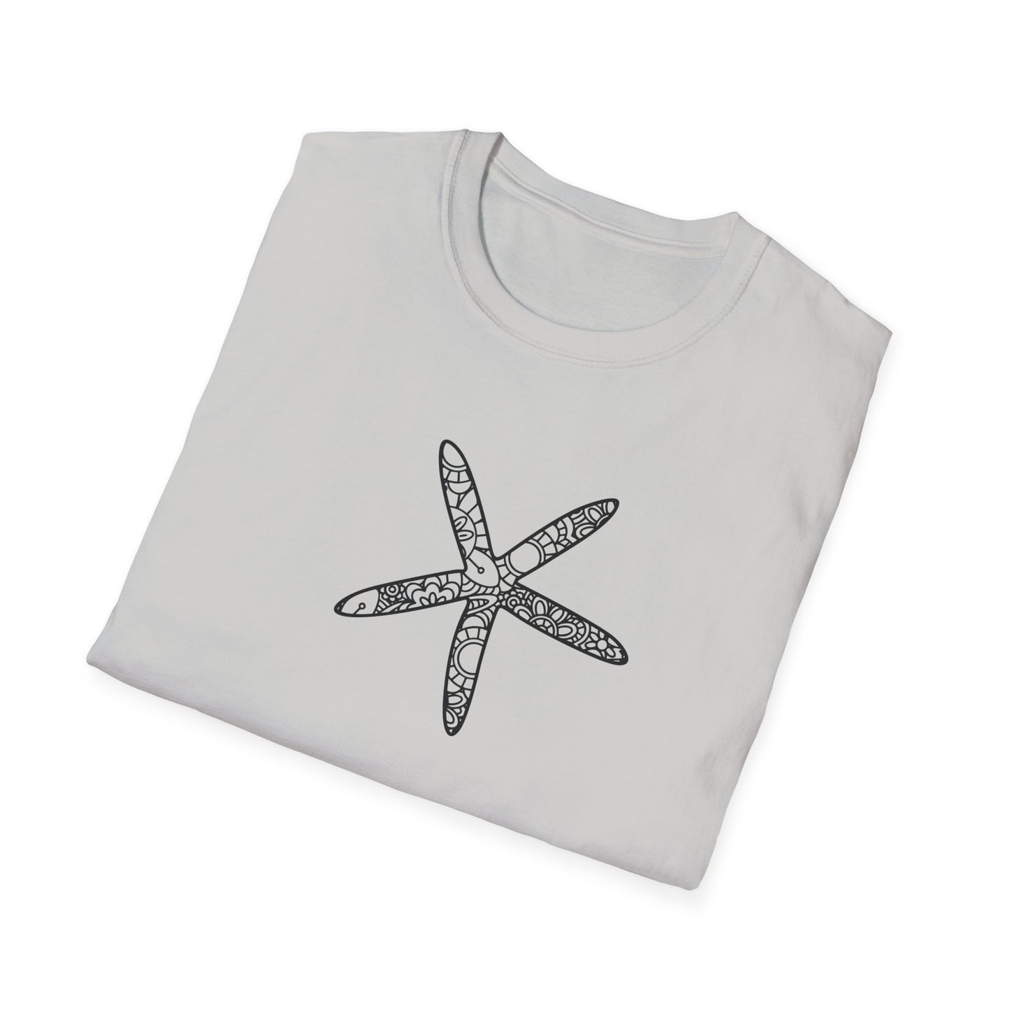 Folded light gray t-shirt with a black starfish design on a white background