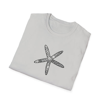 Folded light gray t-shirt with a black starfish design on a white background