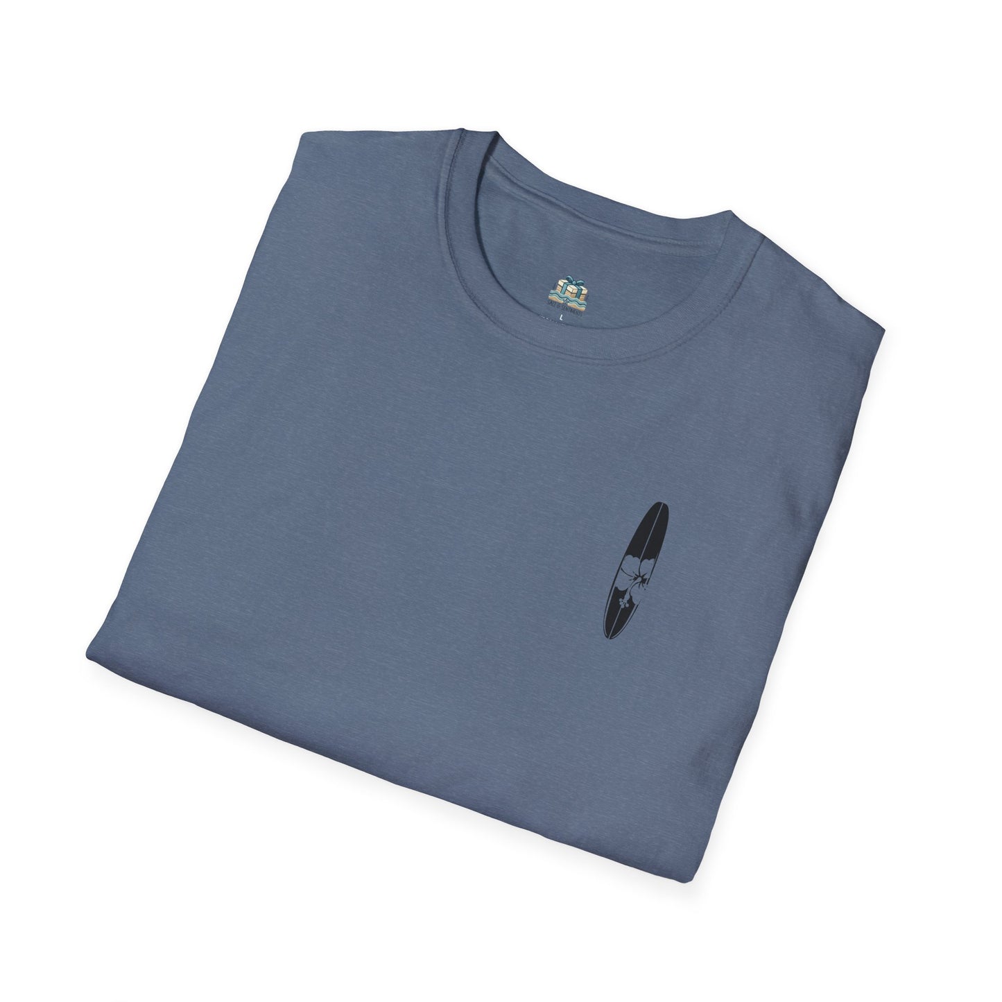 Folded blue t-shirt with a small graphic on a white background