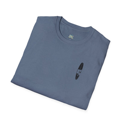 Folded blue t-shirt with a small graphic on a white background