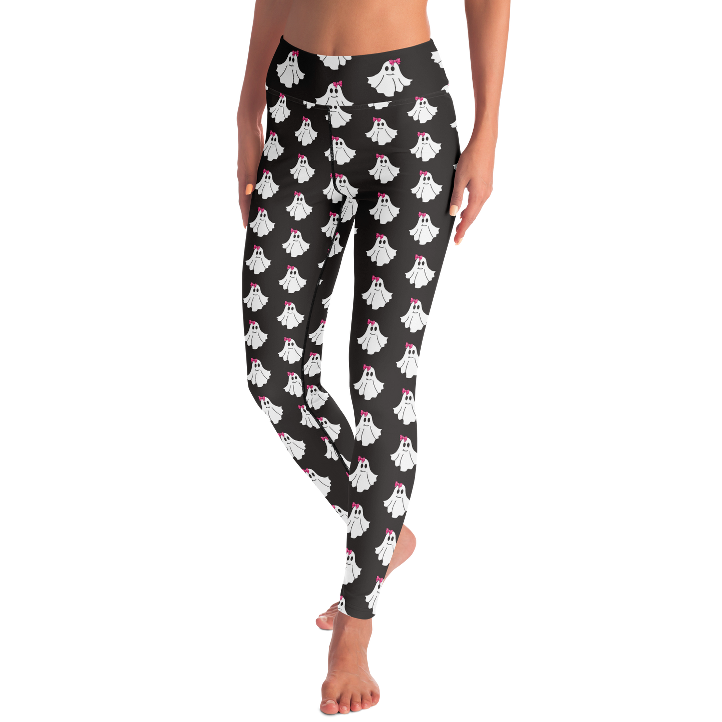Black leggings with ghost pattern worn by a person on a white background
