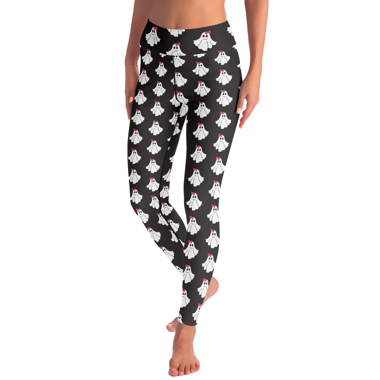 Black leggings with ghost pattern worn by a person on a white background