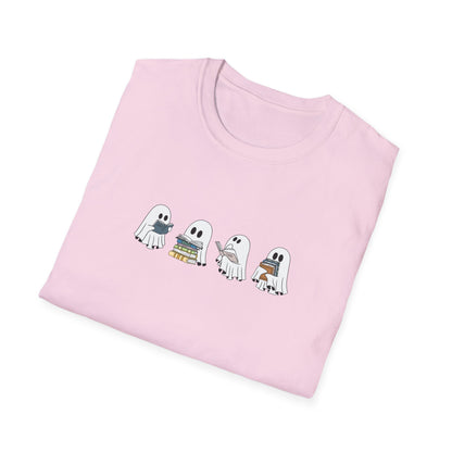 Pink t-shirt with ghost and book illustrations styled for autumn.