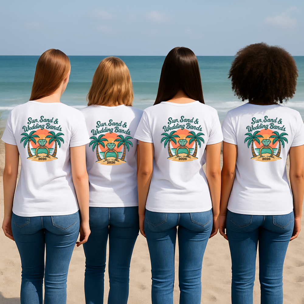 Four women on a beach wearing white t-shirts with a palm tree design and text.