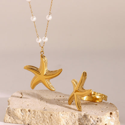 18K gold starfish necklace and ring set with pearl accents