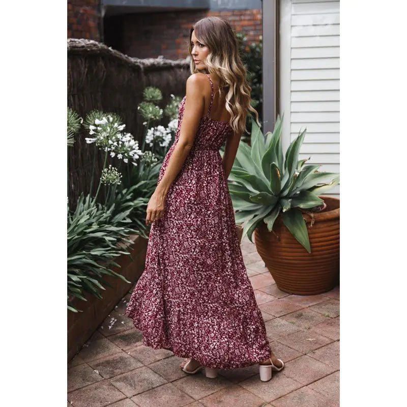 Floral Spaghetti Strap Maxi Dress – Wine Red Summer Dress