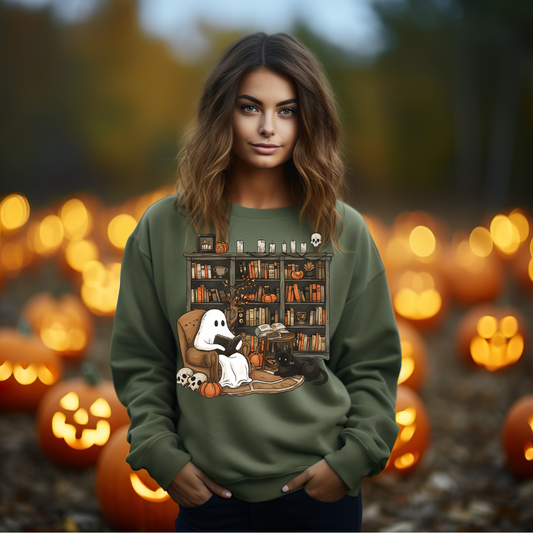 Halloween| Spooky and Stylish Halloween Sweatshirt: Ghost Reading in a Vintage Bookcase