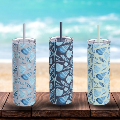 Ocean-themed tumbler with double-wall insulation Sea glass, teal, and blue backgrounds shown in front of a beach.
