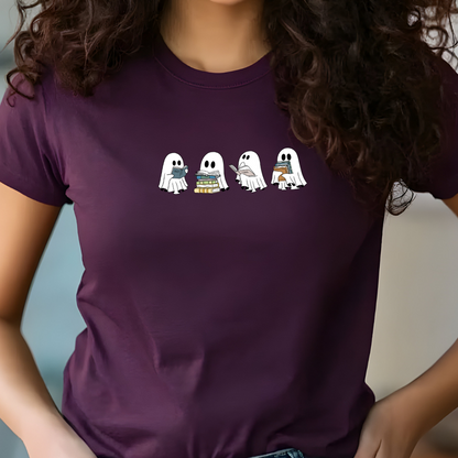 Person wearing a purple t-shirt with cartoon ghosts design.