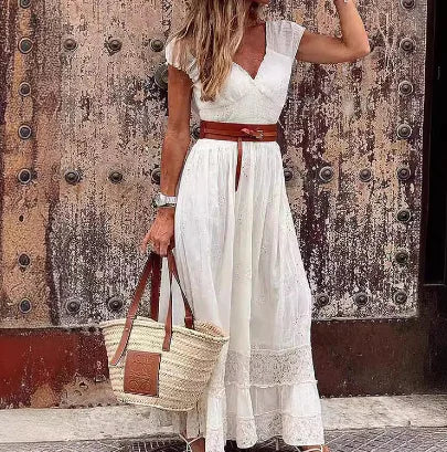 Elegant white cotton lace maxi dress with A-line silhouette