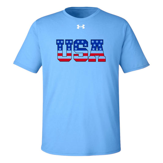 Light blue Under Armour T-shirt with bold USA lettering in red, white, and blue stars and stripes.