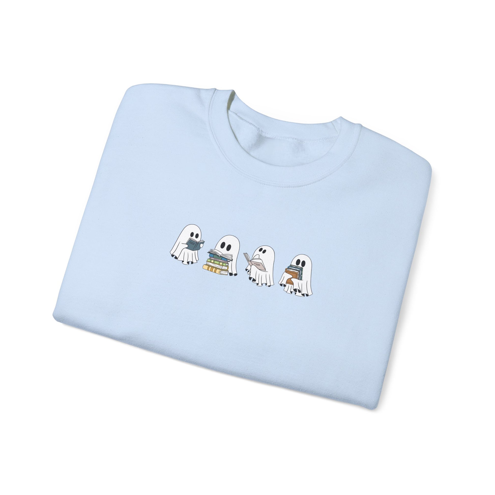 Book-loving ghosts design on cozy baby blue  fall sweatshirt