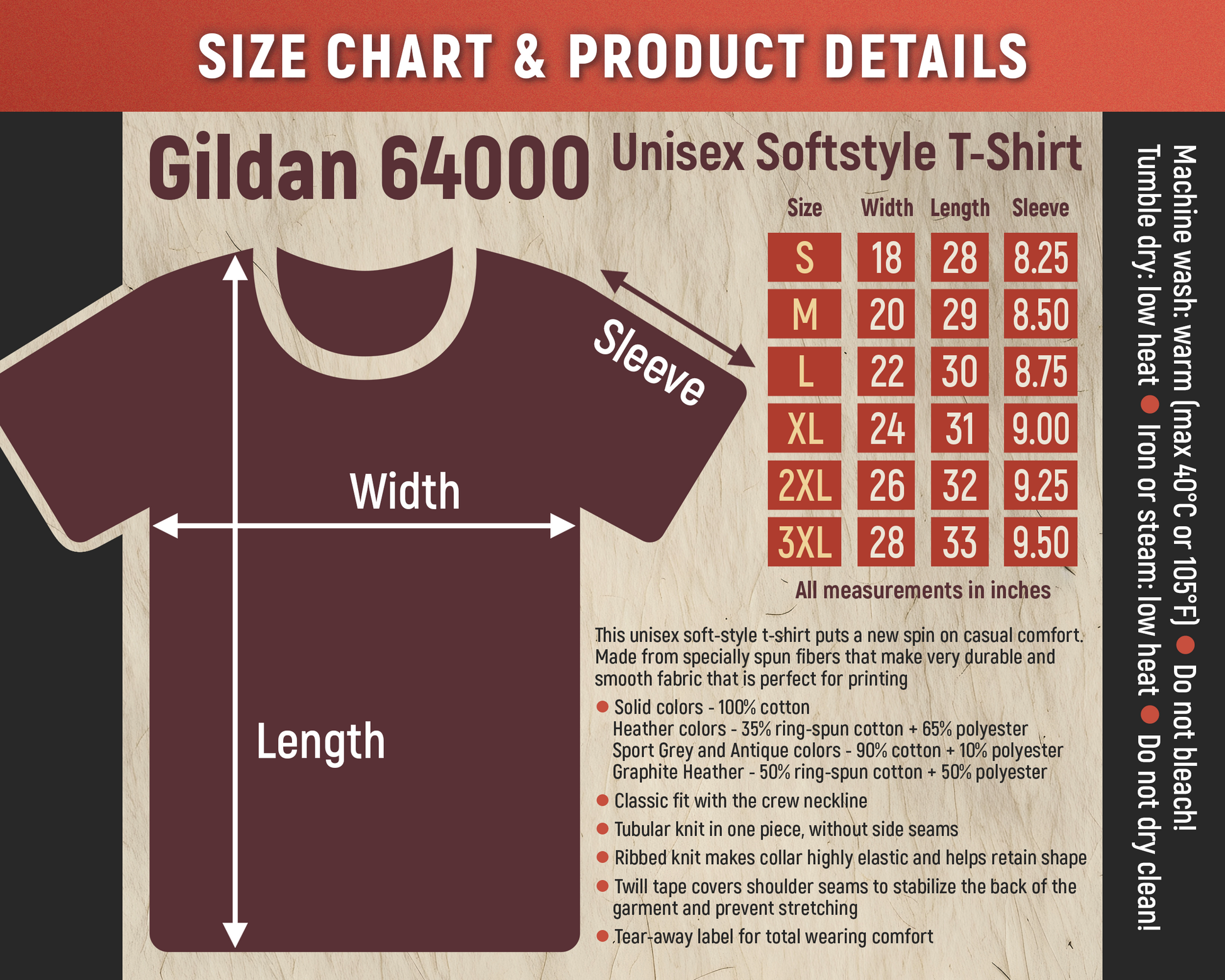 “Gildan 64000 unisex Softstyle T-shirt size chart and product details. The chart displays measurements in inches for sizes S through 3XL. Widths: S 18", M 20", L 22", XL 24", 2XL 26", 3XL 28". Lengths: S 28", M 29", L 30", XL 31", 2XL 32", 3XL 33". Sleeve lengths: S 8.25", M 8.50", L 8.75", XL 9.00", 2XL 9.25", 3XL 9.50". Graphic includes a T-shirt outline with labeled width, length, and sleeve arrows. 