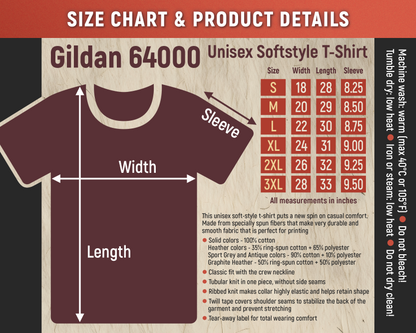 Gildan 64000 Unisex Softstyle T-Shirt size chart and product details on a brown background
