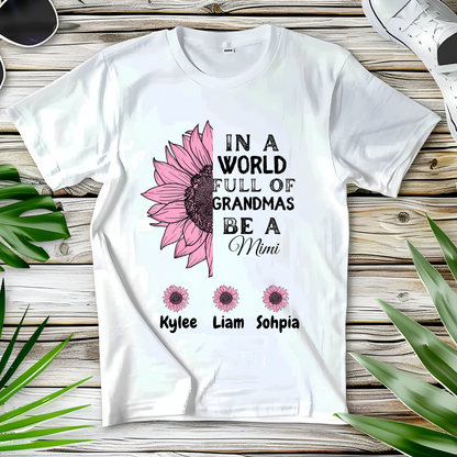 Custom white grandma shirt with floral design and names of grandchildren