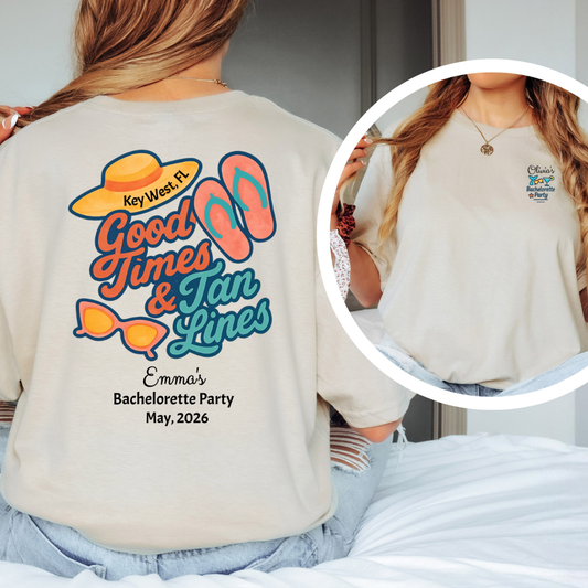 Beige t-shirt with 'Key West, FL Good Times & Tan Lines' design and personalized text on a person wearing it.