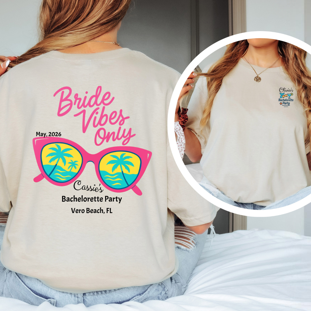 Beige t-shirt with 'Bride Vibes Only' design and details on a person wearing it.