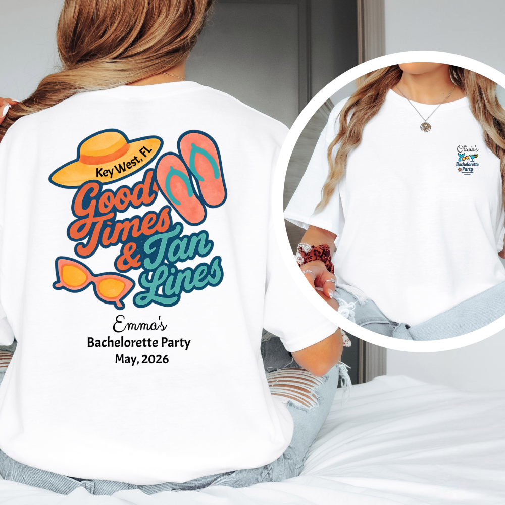 White t-shirt with 'Good Times & Tan Lines' design and text, worn by a person.