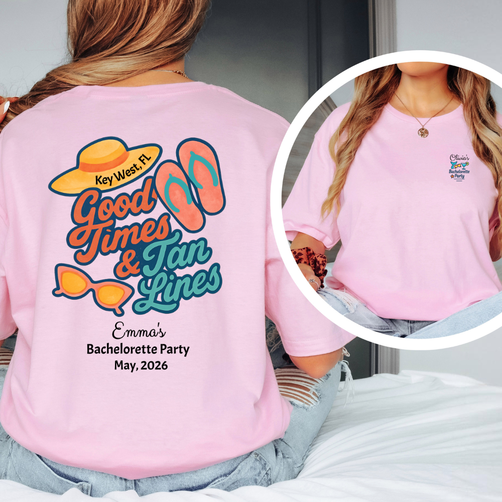 Pink t-shirt with 'Good Times & Tan Lines' design and personalized text on a person wearing it.