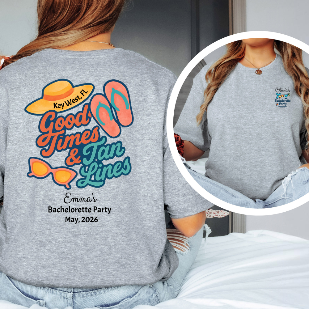 Gray t-shirt with colorful graphics and text, worn by a person, with a close-up inset showing the brand name.