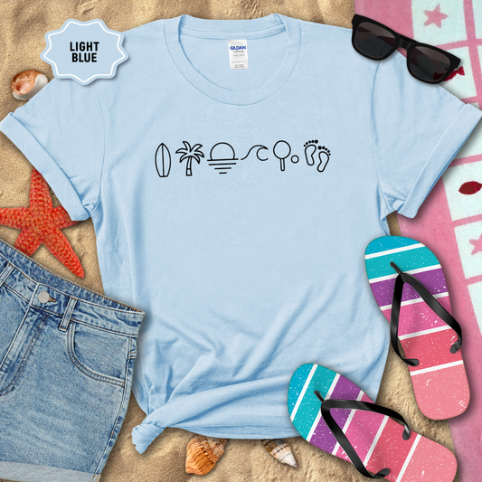 Light blue t-shirt with beach-themed icons on a sandy background with flip-flops and sunglasses.
