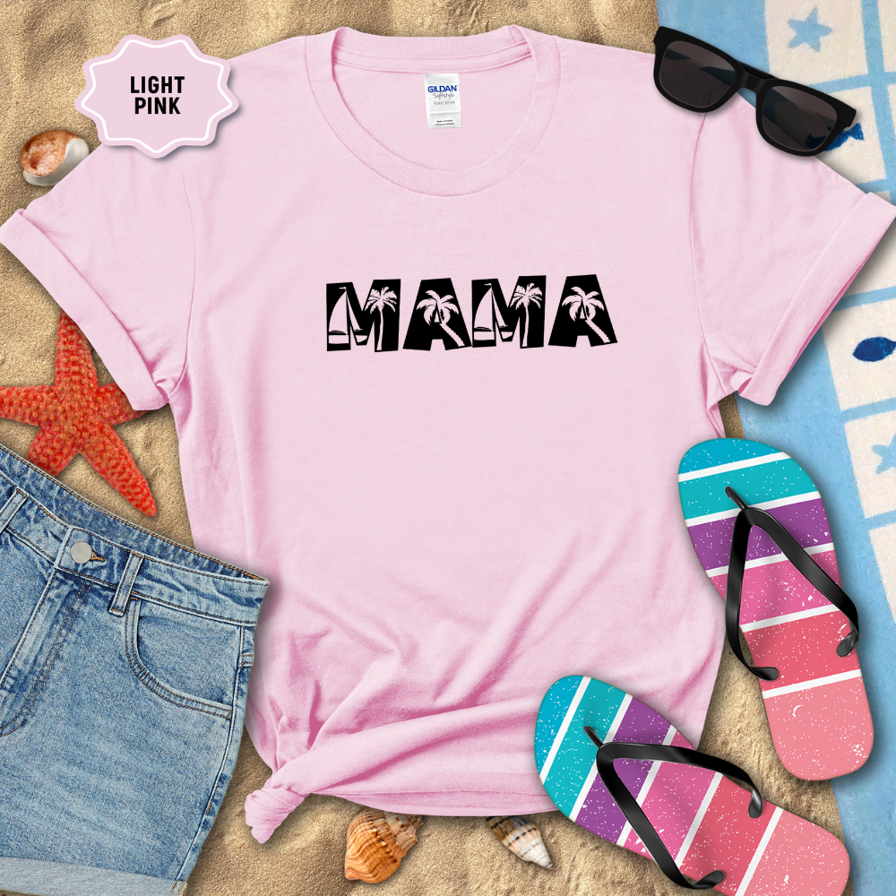 Light pink t-shirt with 'MAMA' print on a beach-themed background