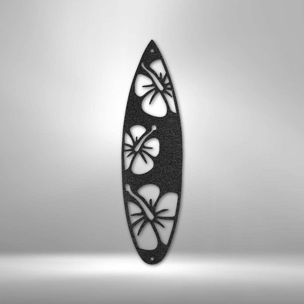 Decorative surfboard-shaped wall art with butterfly cutouts on a gray background