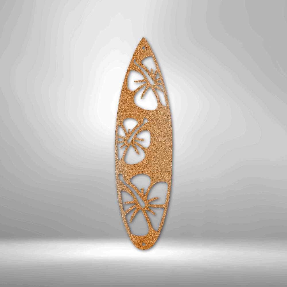 Decorative surfboard-shaped wall art with cut-out patterns on a gray background