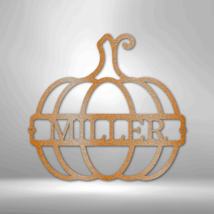 Outdoor fall décor pumpkin sign, custom last name, bronze steel construction.