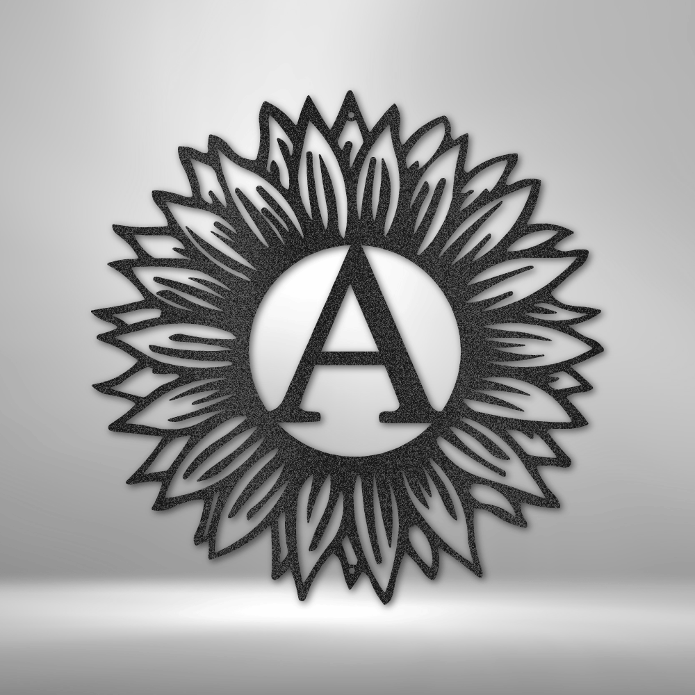Decorative wall art with a sunflower design and a central letter 'A' on a gray background