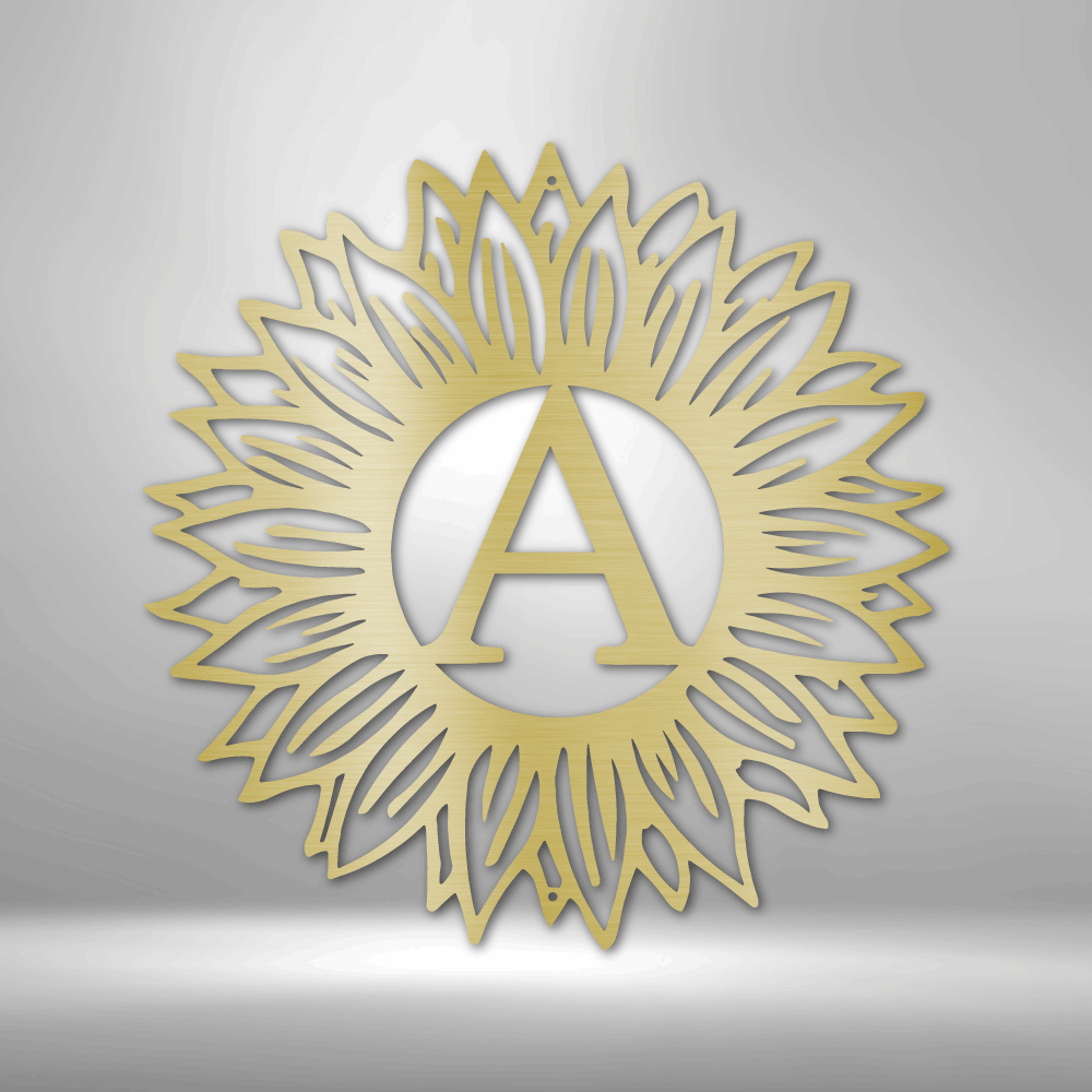 Decorative wall art with a gold geometric design and letter 'A' on a gray background