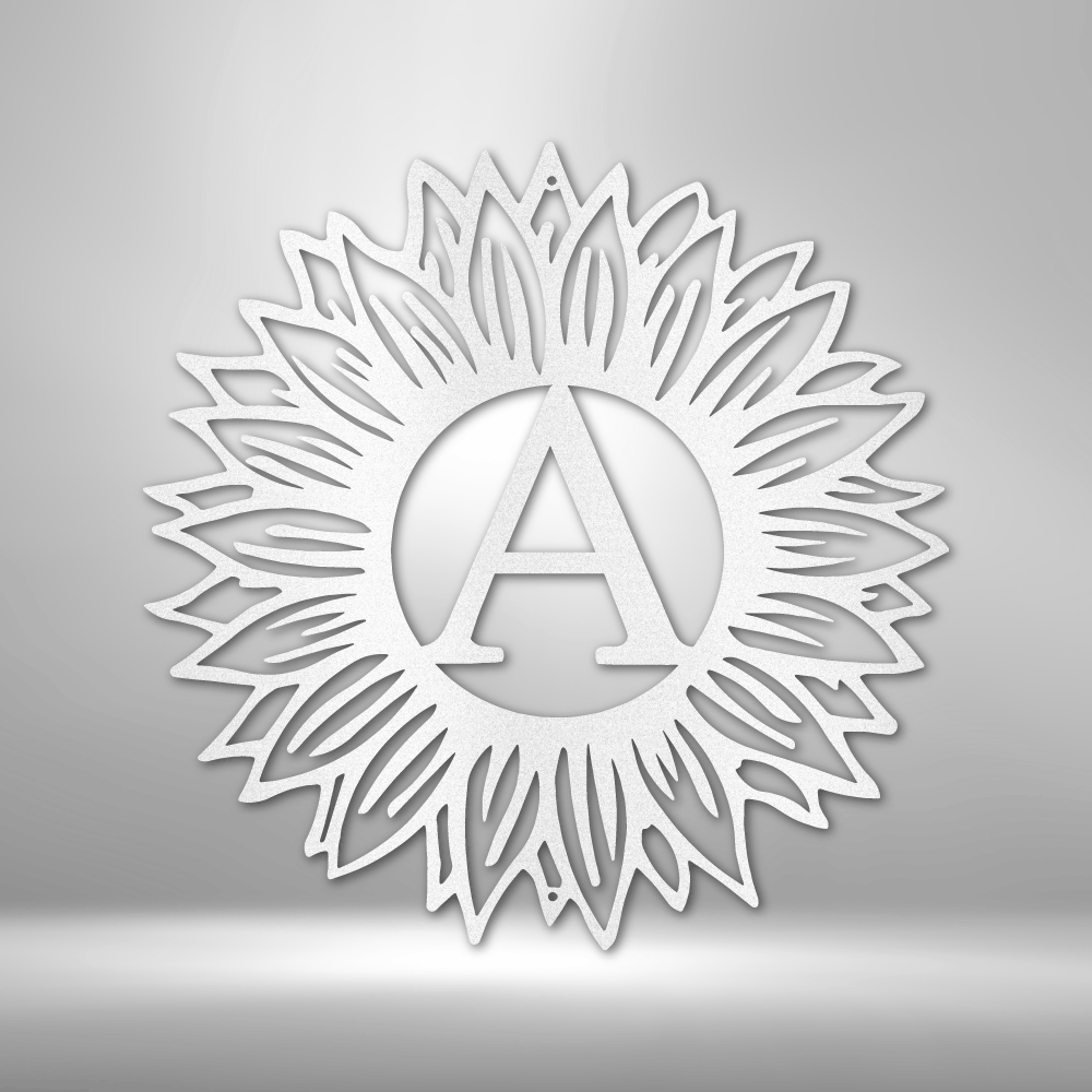 Decorative wall art with a sunflower design and a central letter 'A' on a gray background