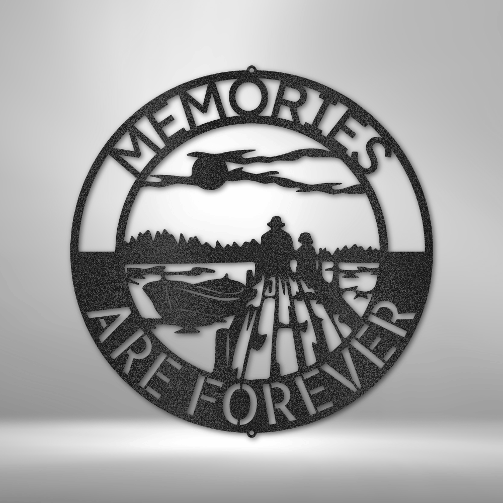 Decorative metal wall art with 'Memories Are Forever' text and silhouette of a man, woman, and dog by a lake.