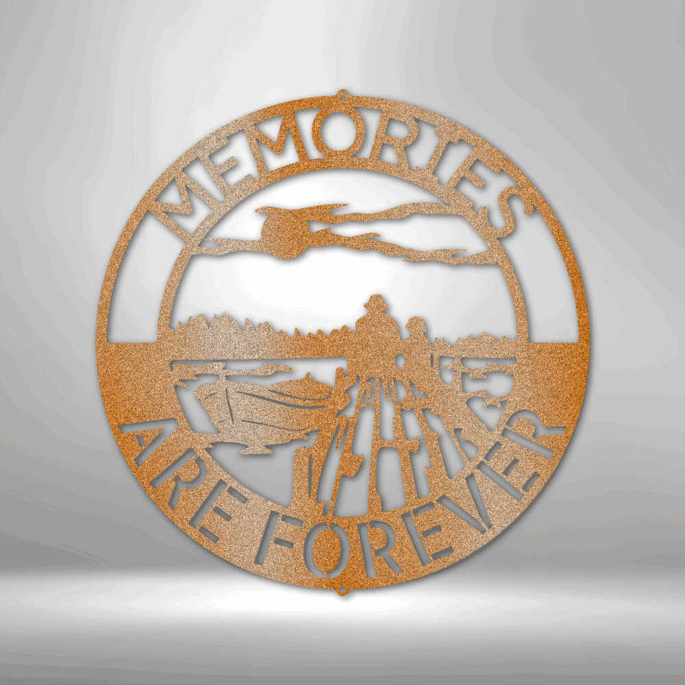 Decorative metal wall art with 'Memories Are Forever' text and silhouette of a lake scene.
