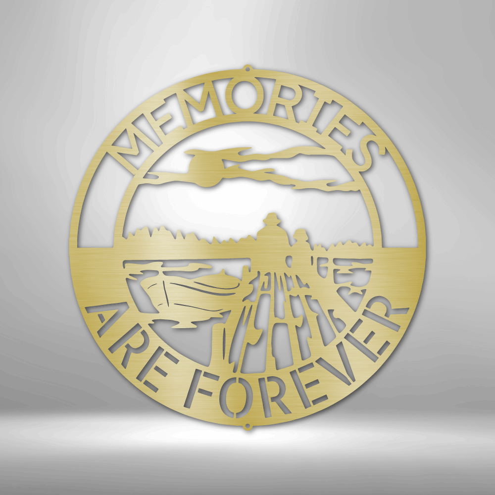 Decorative wall art with 'Memories Are Forever' text and silhouette of a person and dog on a gray background