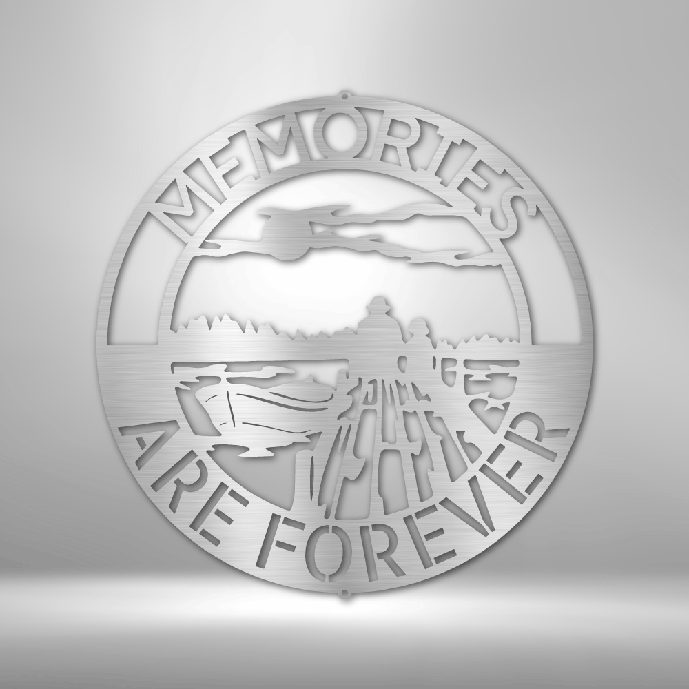 Decorative metal wall art with 'Memories Are Forever' text on a gray background