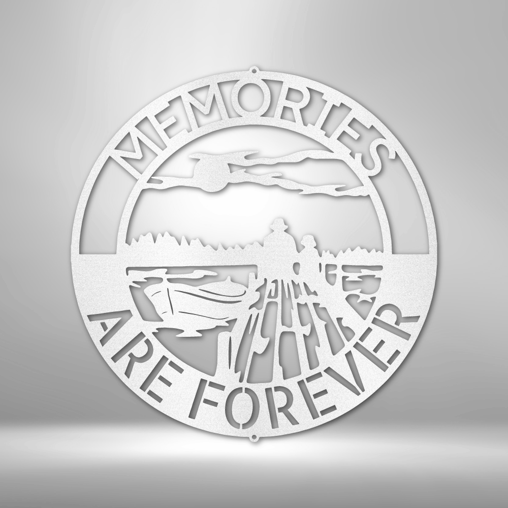 Decorative metal wall art with 'Memories Are Forever' text on a gray background
