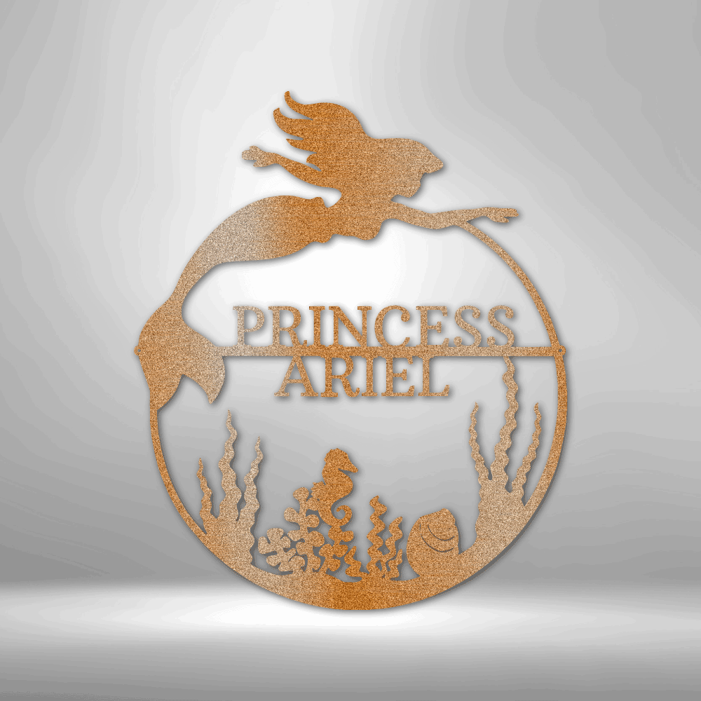 Decorative metal wall art of a mermaid with 'Princess Ariel' text on a gray background