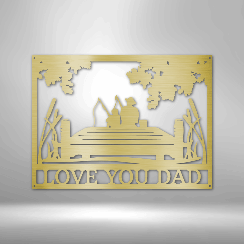 Gold metal wall art with 'I Love You Dad' text on a gray background